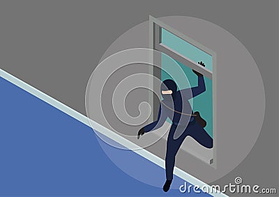 Gang of thieves. Male character wearing a black mask. Climbing the window into the house. vector illustration Vector Illustration