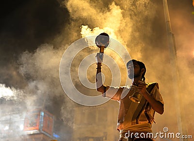 Ganga Aarti Ceremony in Varanasi Editorial Stock Photo