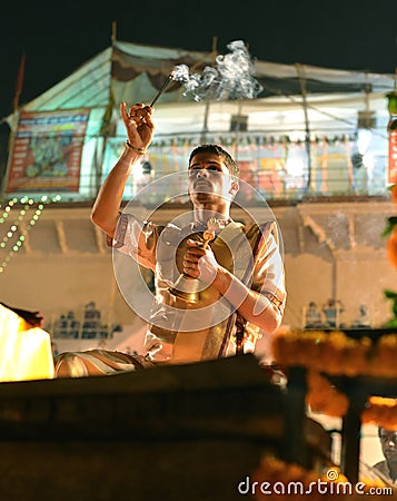 Ganga Aarti Ceremony in Varanasi Editorial Stock Photo