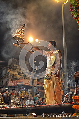 Ganga Aarti Ceremony in Varanasi Editorial Stock Photo