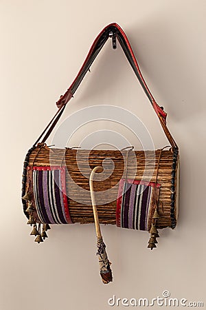 Gangan or Talking drum with Saworo Ide and kongo, a Nigeria Yoruba musical instrument. Yoruba arts and crafts Stock Photo