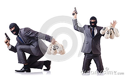 The gangster with bags of money on white Stock Photo