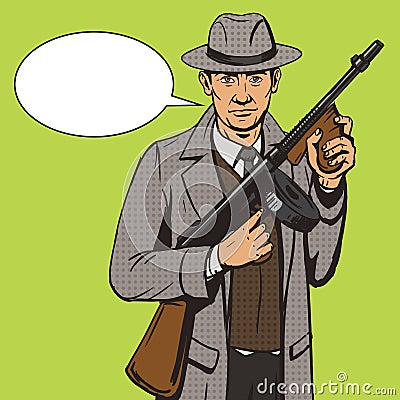 Gangster with machine gun pop art style vector Vector Illustration