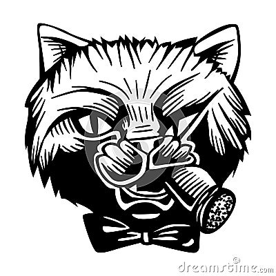 Gangster Mafia Feline Cat Criminal Character Portrait Vector Black White Vector Illustration