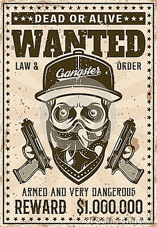 Gangster skull with bandana on face wanted poster Vector Illustration