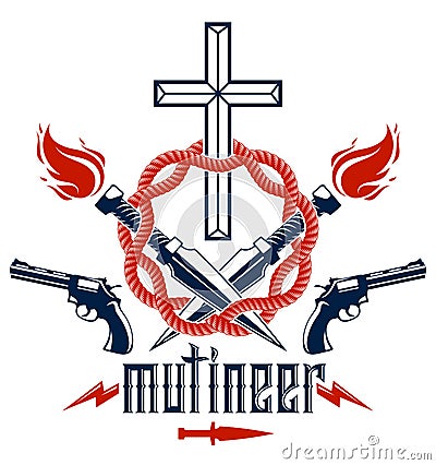 Gangster thug emblem or logo with Christian Cross, weapons and different design elements , vector tattoo, anarchy and chaos, dead Vector Illustration