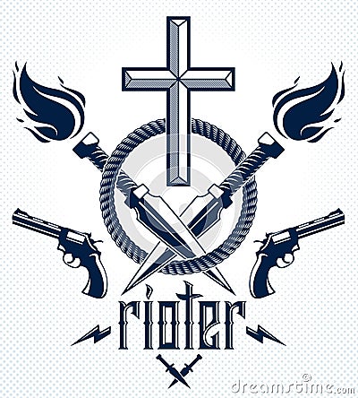 Gangster thug emblem or logo with Christian Cross, weapons and different design elements , vector tattoo, anarchy and chaos, dead Vector Illustration