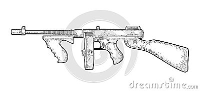 Gangsters automatic weapon Tommy gun. Engraving vintage Vector Illustration