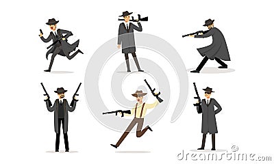 Gangsters Criminal Mobsters Set, American Mafia Criminal Characters in Raincoat Fedora Hat with Gun Cartoon Vector Vector Illustration