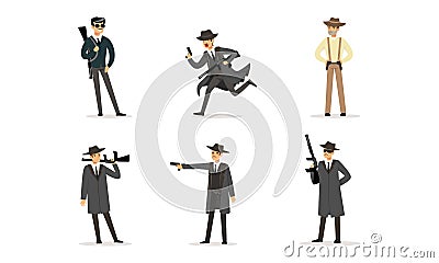 Gangsters Set, American Mafia Criminal Characters in Raincoat Fedora Hat with Gun Cartoon Vector Illustration Vector Illustration