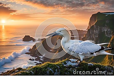 Gannet in Mid-Flight - Feathers Defined with Precision, Eyes Sharp Against Dynamic Backdrop of Crashing Waves Stock Photo