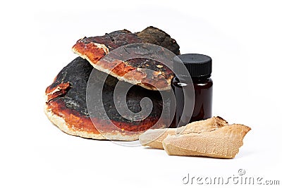 Ganoderma lucidum capsules in a dark bottle and sliced fresh Ling zhi mushroom Stock Photo
