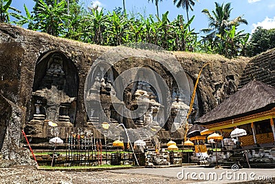 Ganung Kawi Temple. temple complex centered around royal tombs carved into stone cliffs in the 11th century. Bali Stock Photo