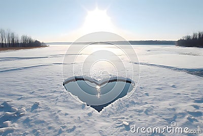 Gap in the ice in the shape of a heart around the omnipresent snow. Heart as a symbol of affection ave Vector Illustration