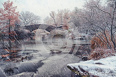 Gapstow bridge during winter, Central Park New York City. USA Stock Photo