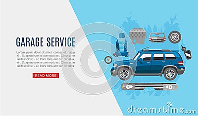 Garage auto service and car spares top view web vector template illustration. Auto diagnostics test service, protection Vector Illustration