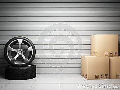 Garage with car spare parts Stock Photo