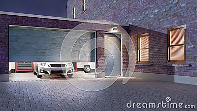 Garage entrance with open sectional doors Cartoon Illustration