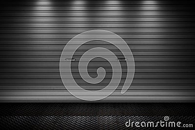 Garage or factory storage gate roller shutter doors metal floor building Stock Photo