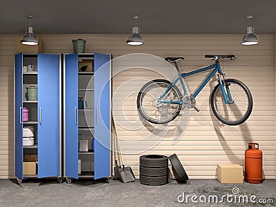 Garage with many things and bicycle. Cartoon Illustration