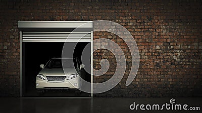 Garage with Opened Roller Door. 3D Rendering Stock Photo