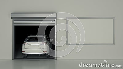 Garage with Opened Roller Door. 3D Rendering Stock Photo