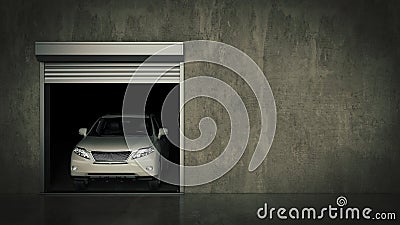 Garage with Opened Roller Door. 3D Rendering Stock Photo