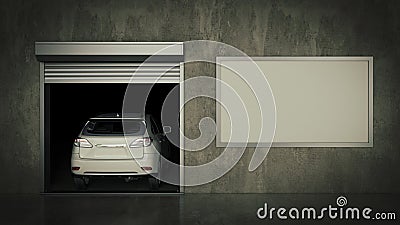 Garage with Opened Roller Door. 3D Rendering Stock Photo