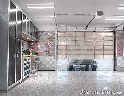 Garage with rolling gate interior. Cartoon Illustration