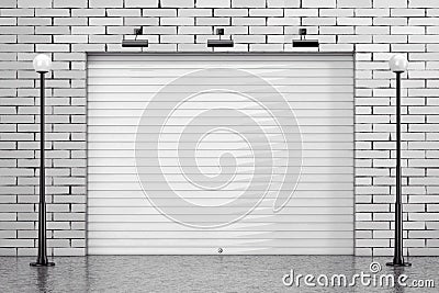 Garage Rolling Shutter Gate Door with Brick Wall and Street Lights. 3d Rendering Stock Photo