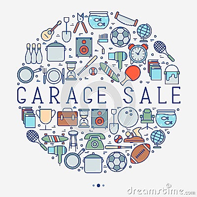 Garage sale or flea market concept in circle Vector Illustration