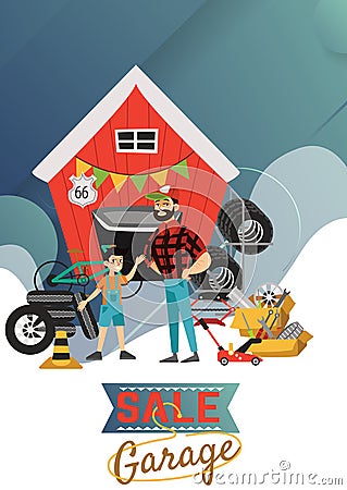 Garage sale, man and boy sell used car parts, tires wheels in back yard, mechanic father and som offers spring sale Vector Illustration
