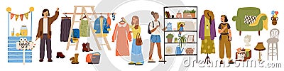 Garage sale products. Flea market with happy people. Old things buyers. Vintage clothing. Second Hand bazaar. Counter Vector Illustration