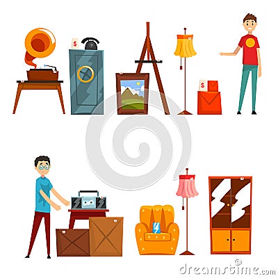 Garage sale set, people buying and selling old things vector Illustration on a white background Vector Illustration