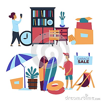 Garage sale with used household items Vector Illustration