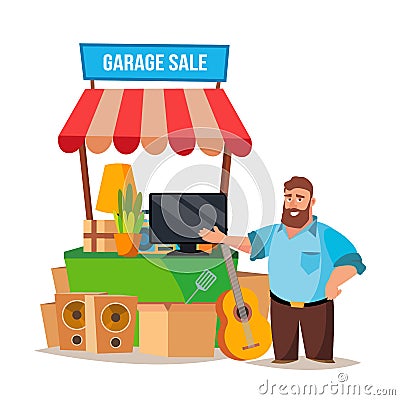 Yard Sale Vector. Man Having A Garage Sale. Isolated On White Cartoon Character Illustration Vector Illustration