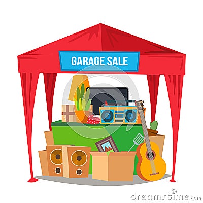 Garage Sale Vector. Sale Items. Preparing A Yard Sale. Isolated Flat Cartoon Character Illustration Vector Illustration