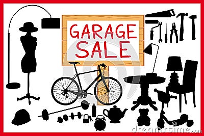 Garage sale woodboard. red cleanout illustration with wooden signboard. Vector Illustration