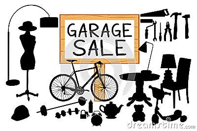 Garage sale woodboard. Silhouettes cleanout illustration with wooden signboard. Vector Illustration