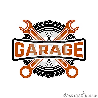 Garage. Service station. Car repair. Design element for logo, la Vector Illustration