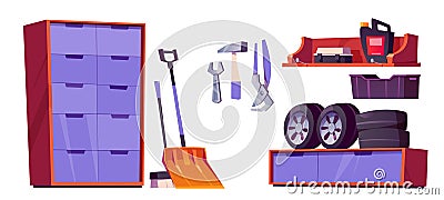 Garage, workshop or storage room interior set Vector Illustration