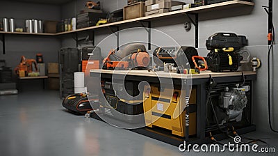 Garage Workshop Wonders - Empty Garage Interior With Working Equipments, Tools And Close-up View Of Electric Generator. Generative Stock Photo