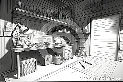 a garage workspace with tools, parts and drawings for a project sketched in pencil Stock Photo