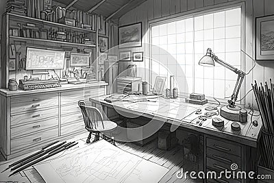 a garage workspace with tools, parts and drawings for a project sketched in pencil Stock Photo