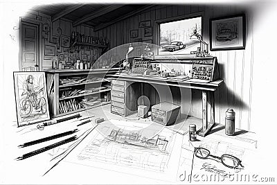 a garage workspace with tools, parts and drawings for a project sketched in pencil Stock Photo