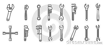 Garage wrench icons set, outline style Vector Illustration