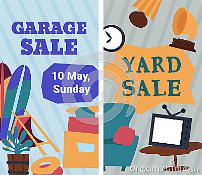 Garage and yard sale, buy unique second hand stuff Vector Illustration