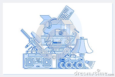Garage or Yard Sale with signs, box and household items.Isolated on white line vector illustration Vector Illustration
