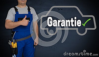 Garantie in german Guarantee car and craftsman with thumbs up Stock Photo