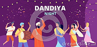 Garba dandiya night banner. Gujarat folk disco, girls boys holiday dancing. Religion music festival, young indian couple Vector Illustration